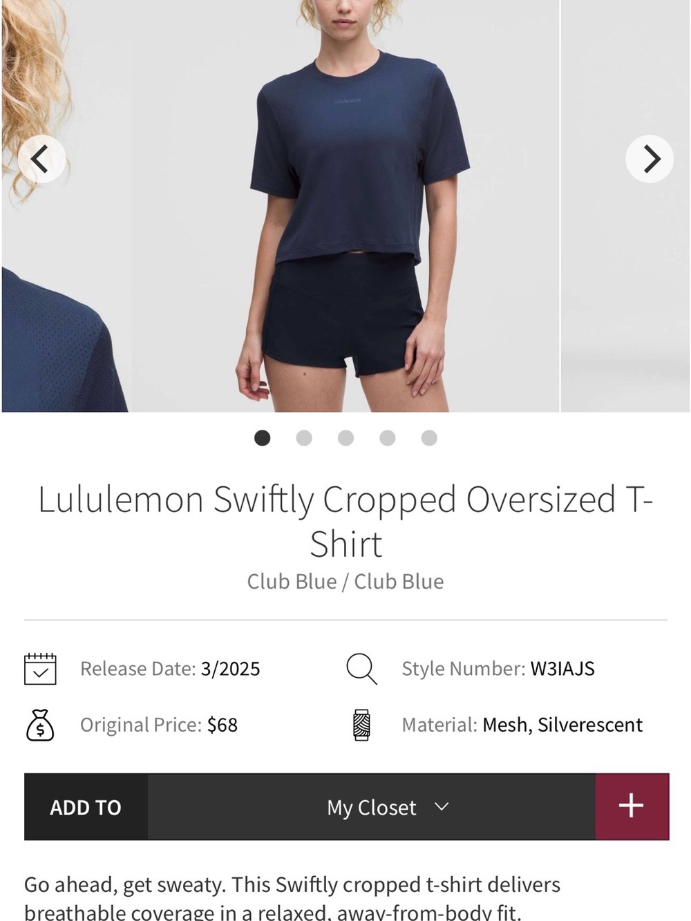 Lululemon Swiftly Cropped Oversized T-Shirt - Club Blue - Navy - size 10/12